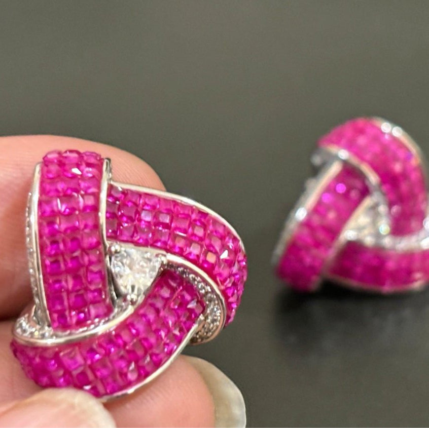 Red Ruby Stone And CZ Triple Layered Triangle Studs - MR Jewels