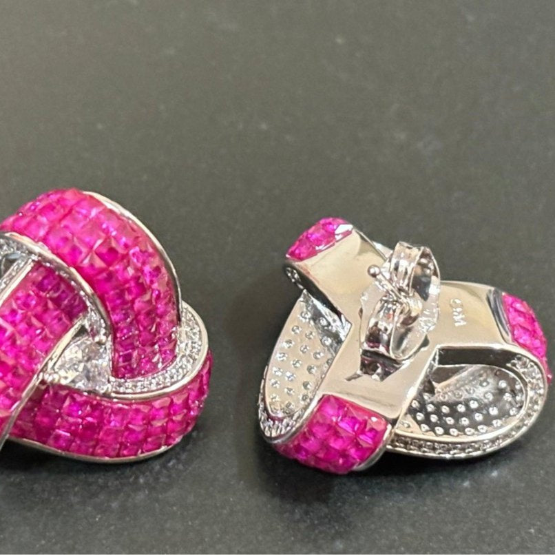 Red Ruby Stone And CZ Triple Layered Triangle Studs - MR Jewels