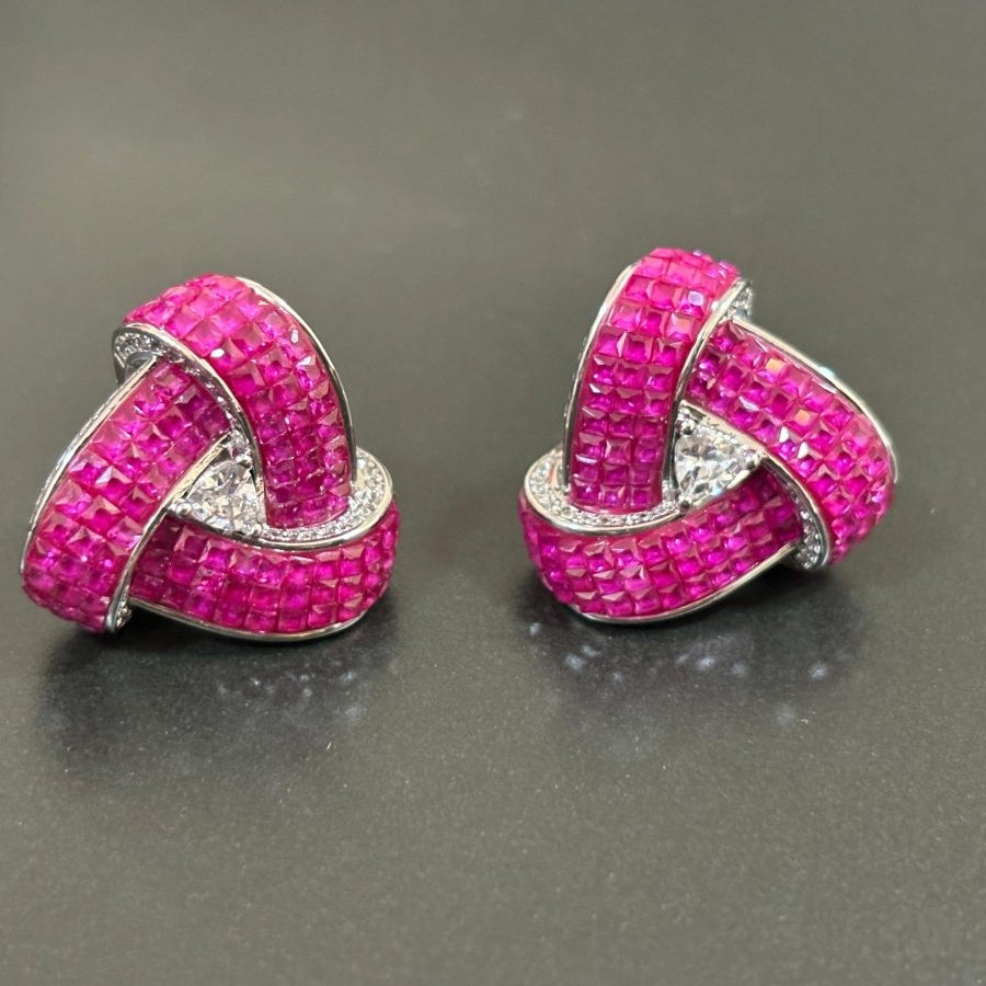 Red Ruby Stone And CZ Triple Layered Triangle Studs - MR Jewels