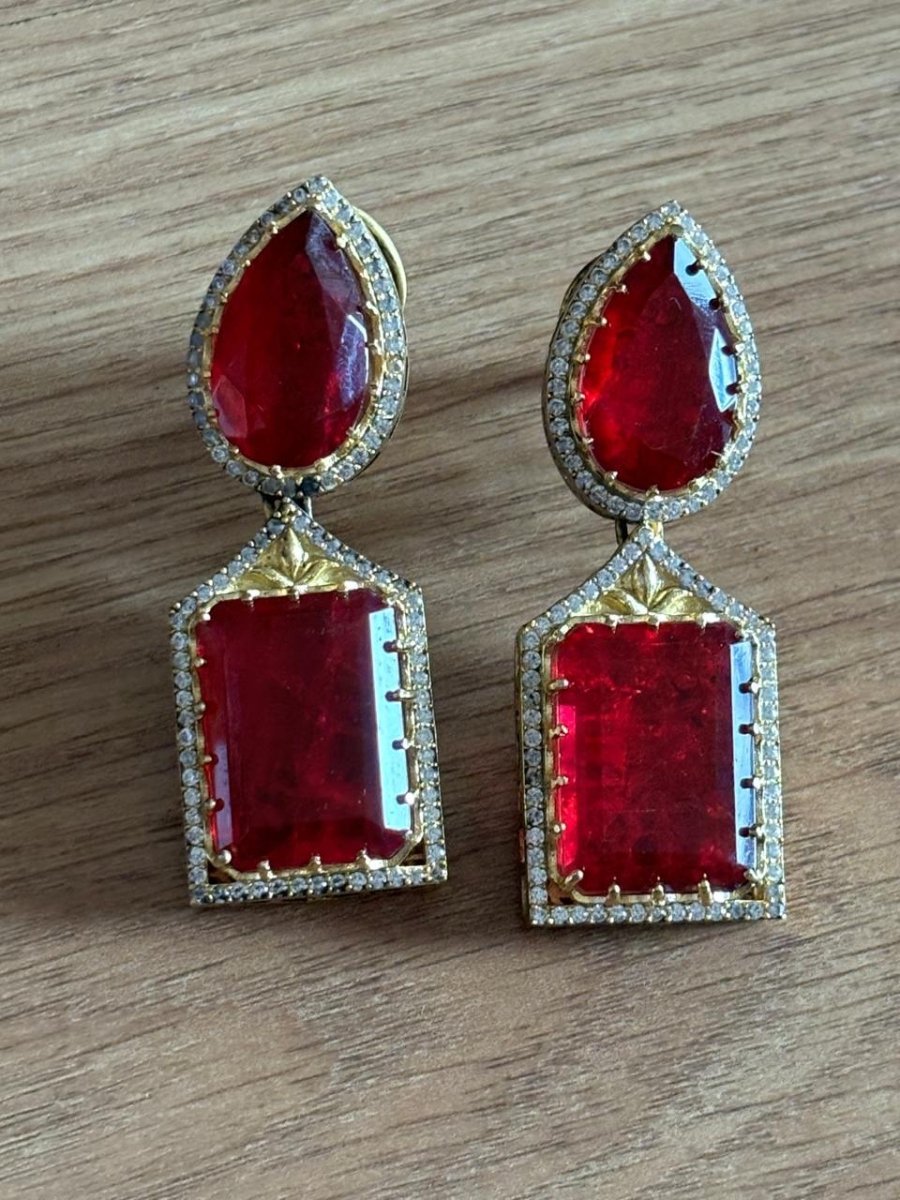 Ruby and Emerald Victorian Dangler Earrings Plated with micron Gold - MR Jewels