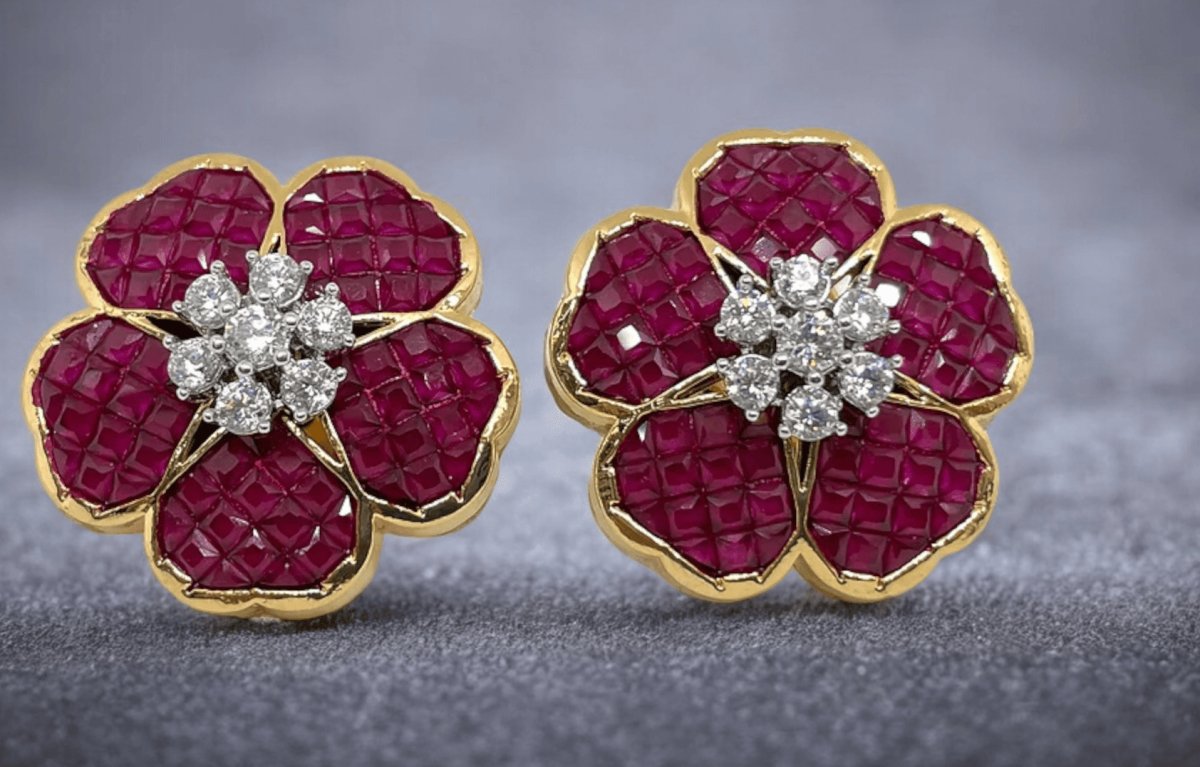 Ruby and Gold Plated Flower Earrings – Exquisite Craftsmanship - MR Jewels