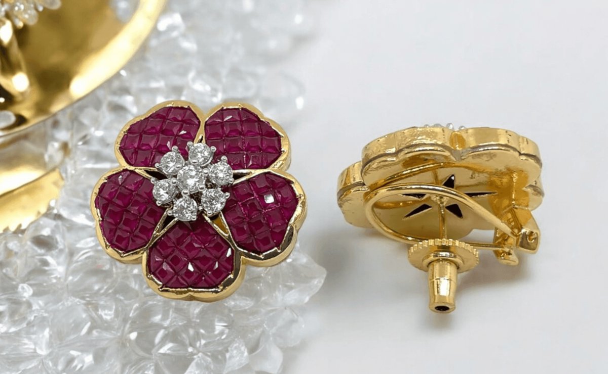 Ruby and Gold Plated Flower Earrings – Exquisite Craftsmanship - MR Jewels