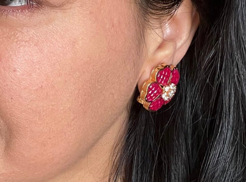 Ruby and Gold Plated Flower Earrings – Exquisite Craftsmanship - MR Jewels