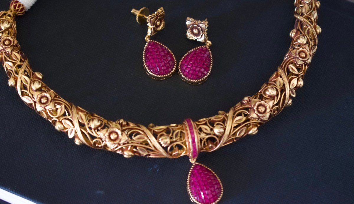 Ruby Bloom Gold Plated Necklace Set - MR Jewels