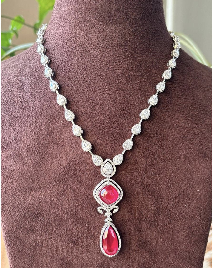 Ruby drop Diamond Necklace Set with drop earrings - Rhodium plated - MR Jewels