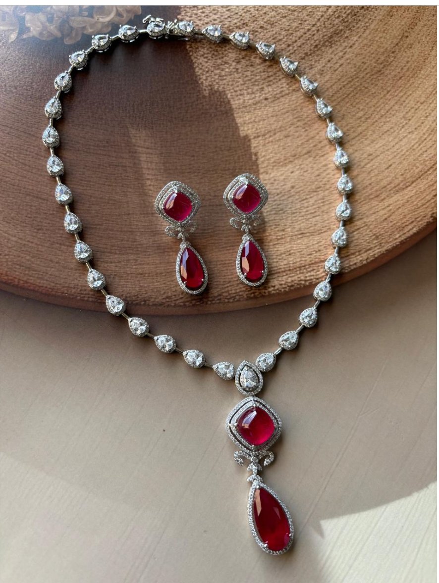 Ruby drop Diamond Necklace Set with drop earrings - Rhodium plated - MR Jewels