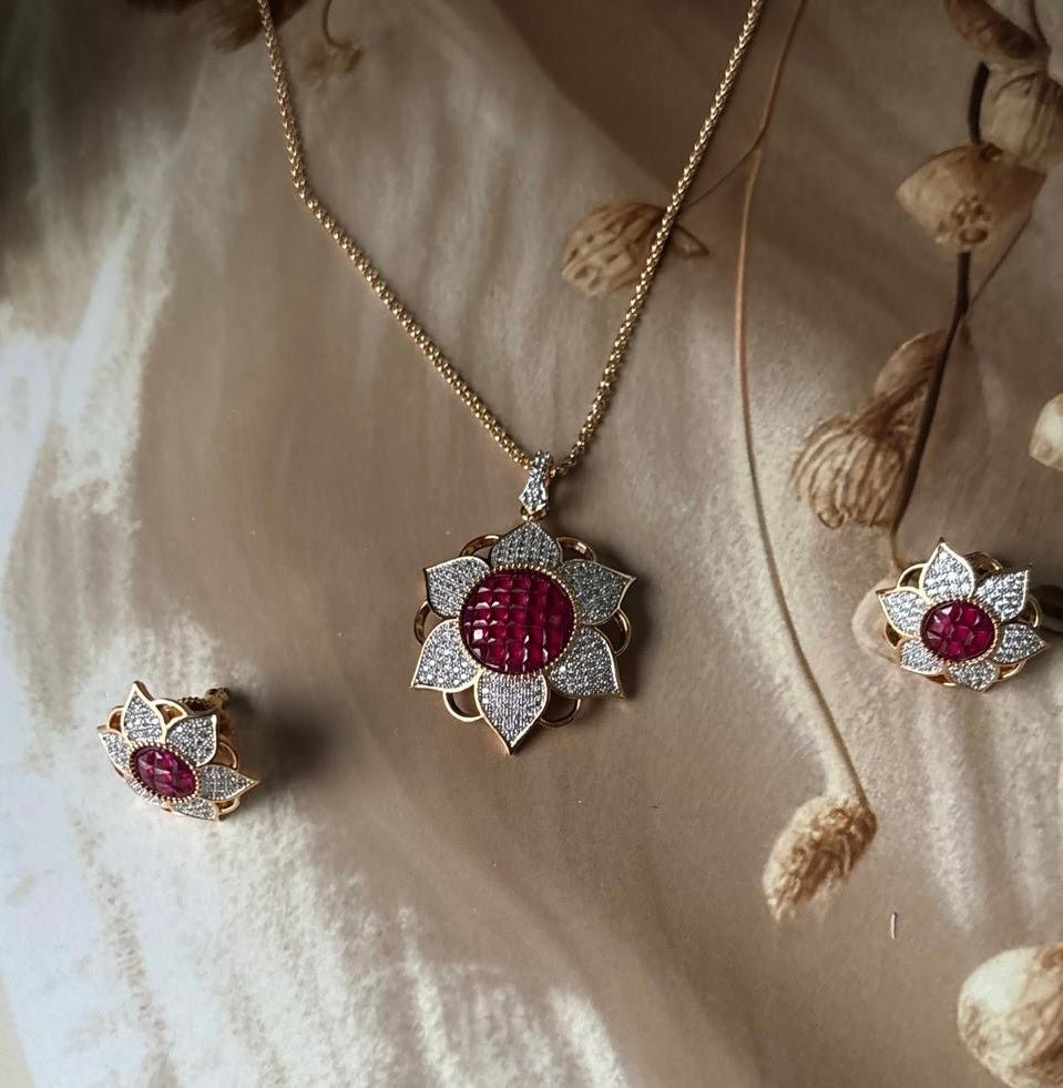 Ruby Flower Pendant with lovely earrings - MR Jewels