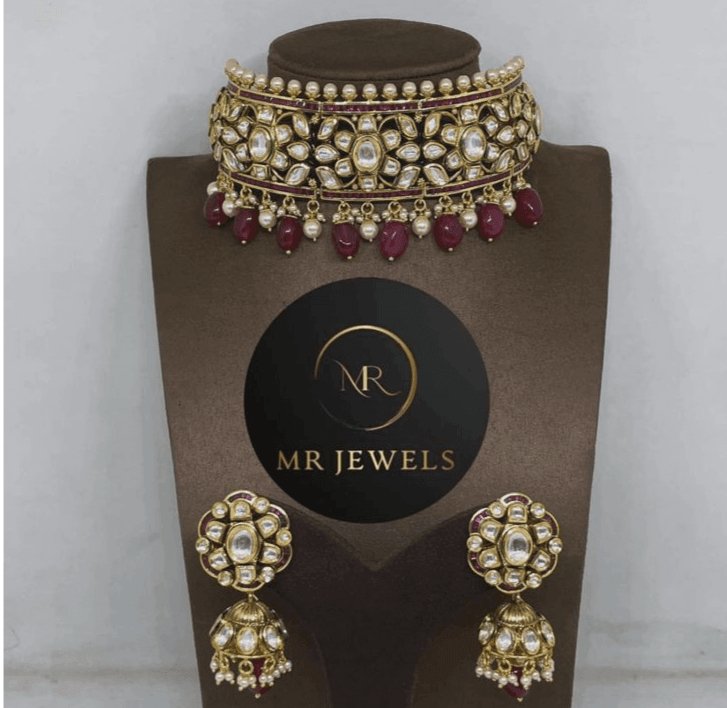 Ruby Kundan Choker Polki Necklace with Earring (22kt Micron Gold Plated ) - MR Jewels