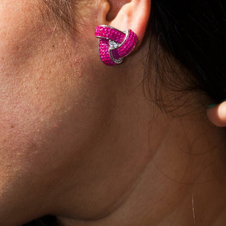 Ruby Stone And CZ Triple Layered Triangle Studs - MR Jewels