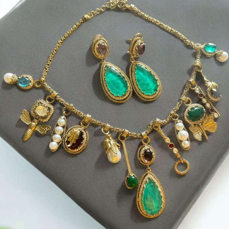 Sabyasachi - Inspired Emerald and Pearl Trending Designer Jewelry Set - MR Jewels