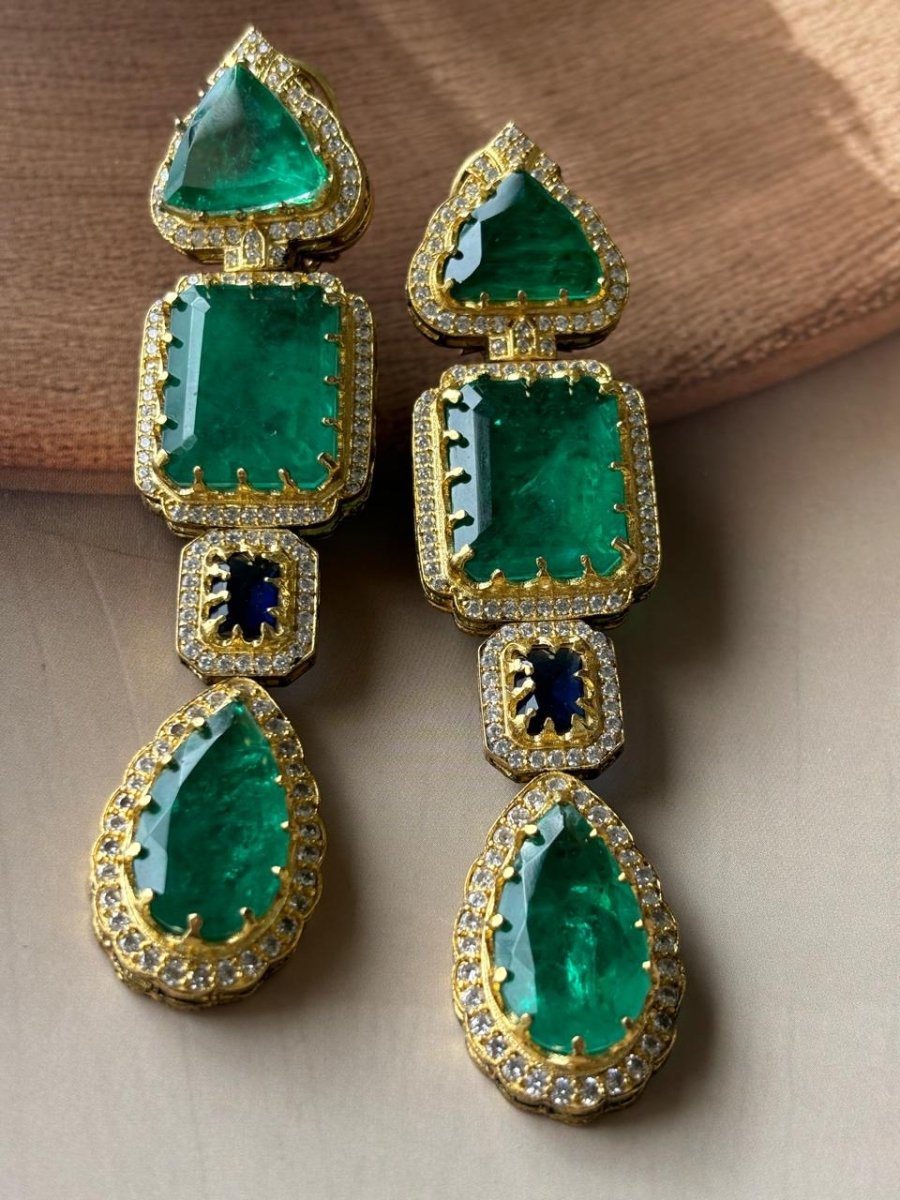 Sabyasachi Inspired long Emerald Doublet stone Earrings - MR Jewels