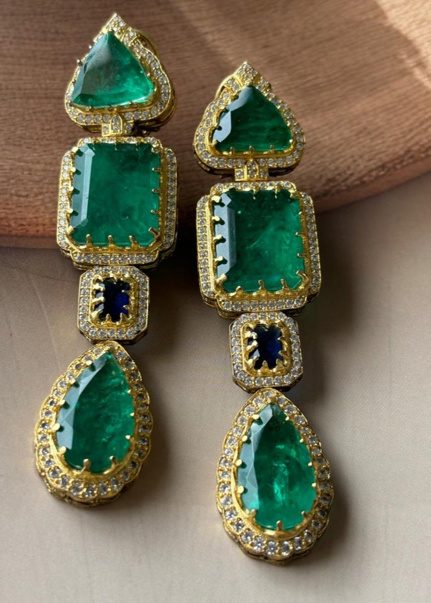 Sabyasachi Inspired long Emerald Doublet stone Earrings - MR Jewels