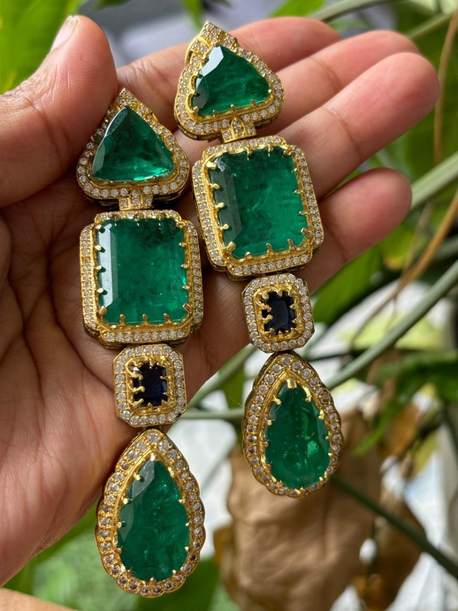 Sabyasachi Inspired long Emerald Doublet stone Earrings - MR Jewels