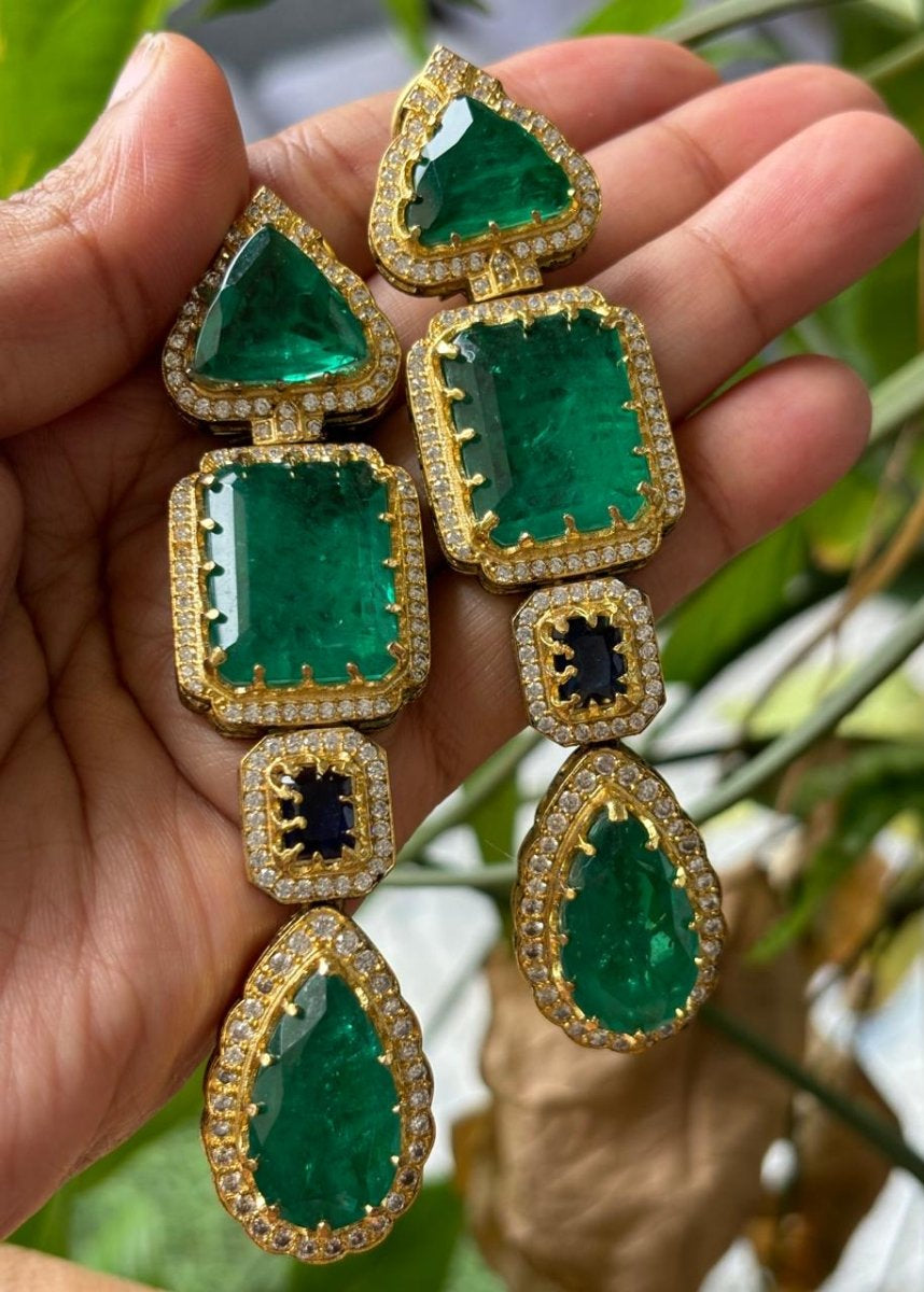 Sabyasachi Inspired long Emerald Doublet stone Earrings
