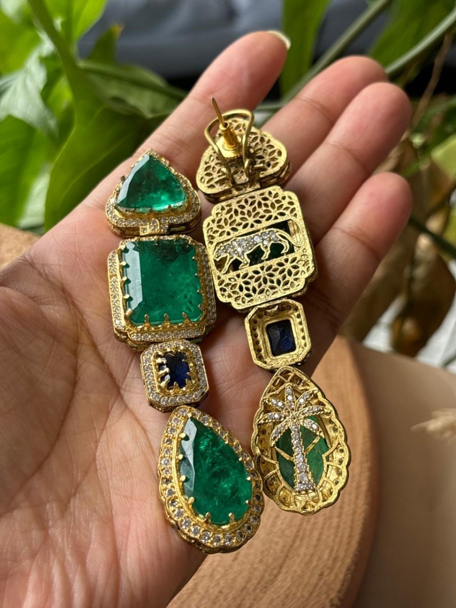 Sabyasachi Inspired long Emerald Doublet stone Earrings - MR Jewels