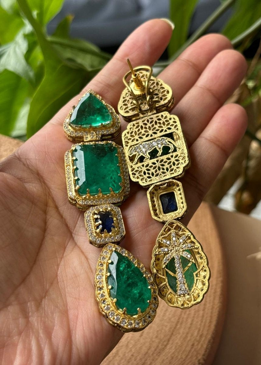 Sabyasachi Inspired long Emerald Doublet stone Earrings - MR Jewels