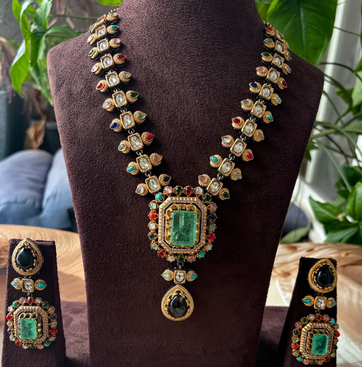 Sabyasachi Inspired Long Emerald Necklace Set with Matching earrings - MR Jewels