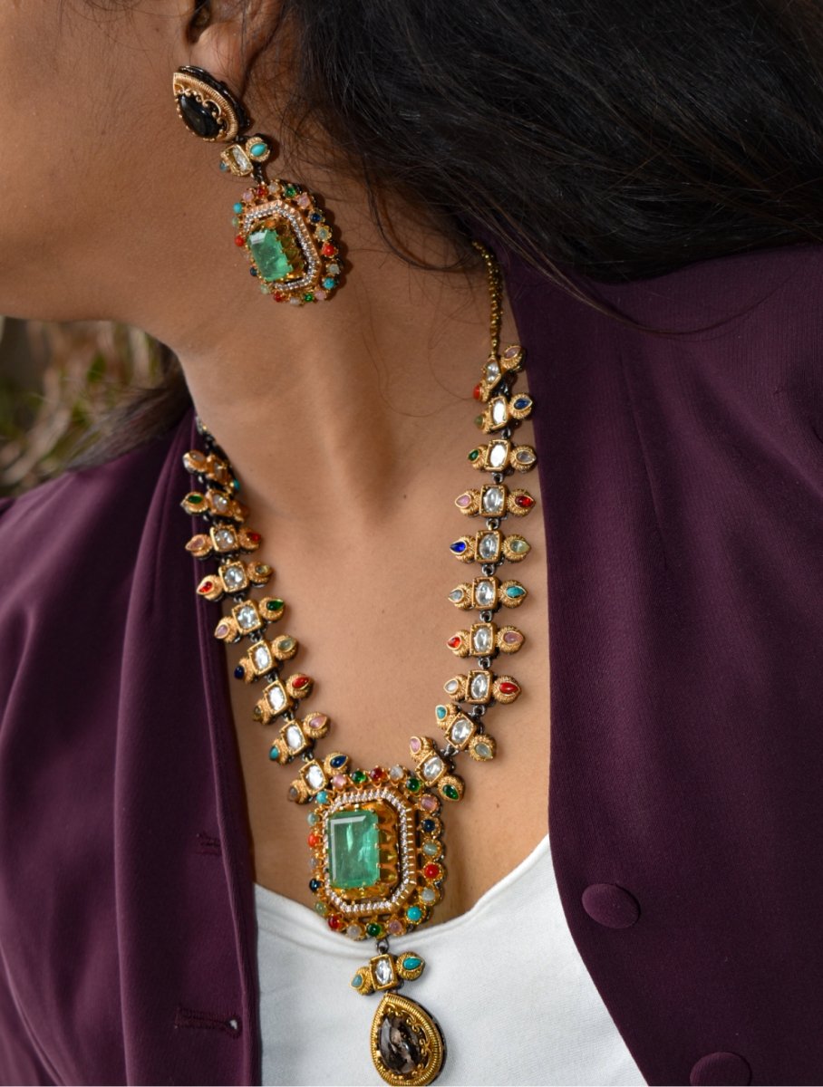 Sabyasachi Inspired Long Emerald Necklace Set with Matching earrings - MR Jewels