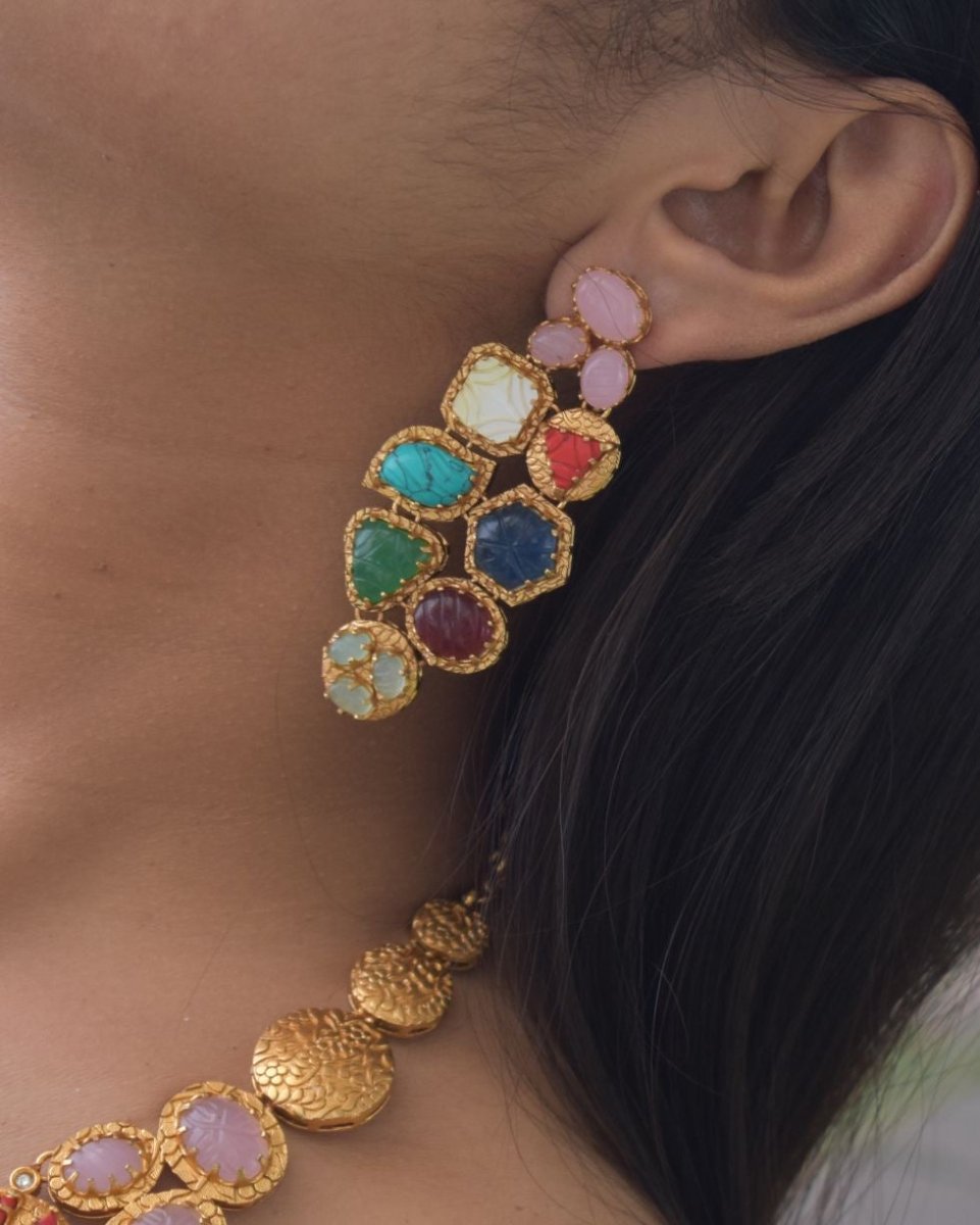 Sabyasachi inspired multi carved stone Cocktail necklace set - MR Jewels