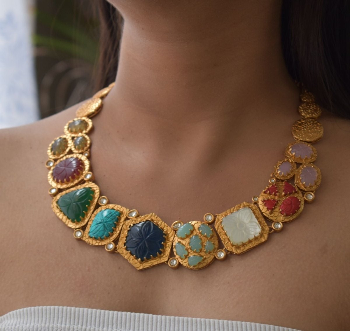 Sabyasachi inspired multi carved stone Cocktail necklace set - MR Jewels