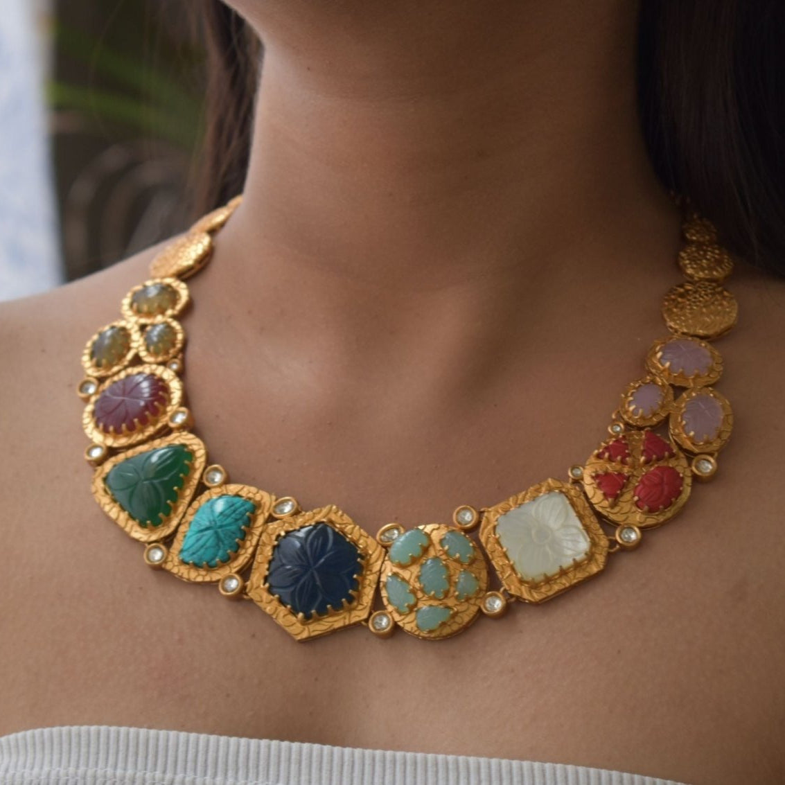 Sabyasachi inspired multi carved stone Cocktail necklace set - MR Jewels