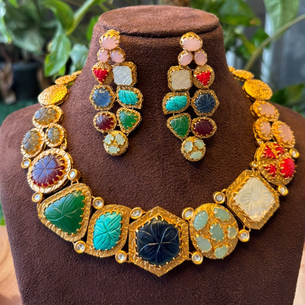 Sabyasachi inspired multi carved stone Cocktail necklace set - MR Jewels