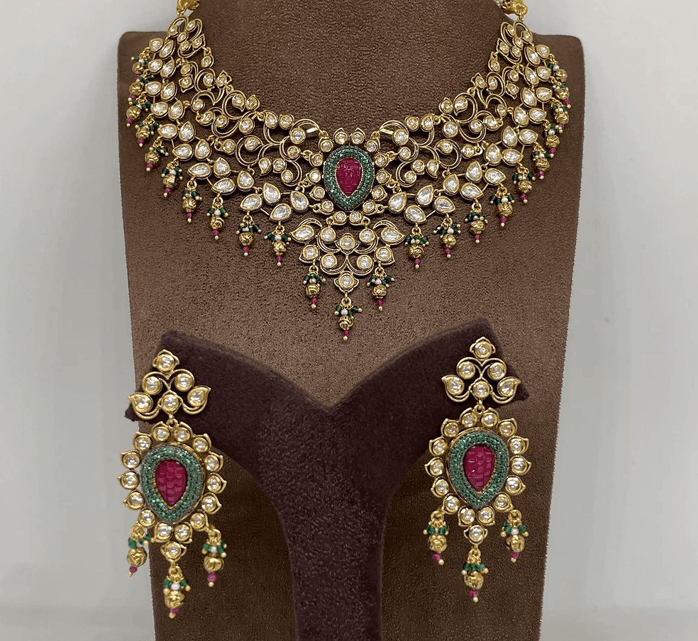 Sabyasachi inspired polki and ruby Jewellery set with matching earrings - MR Jewels