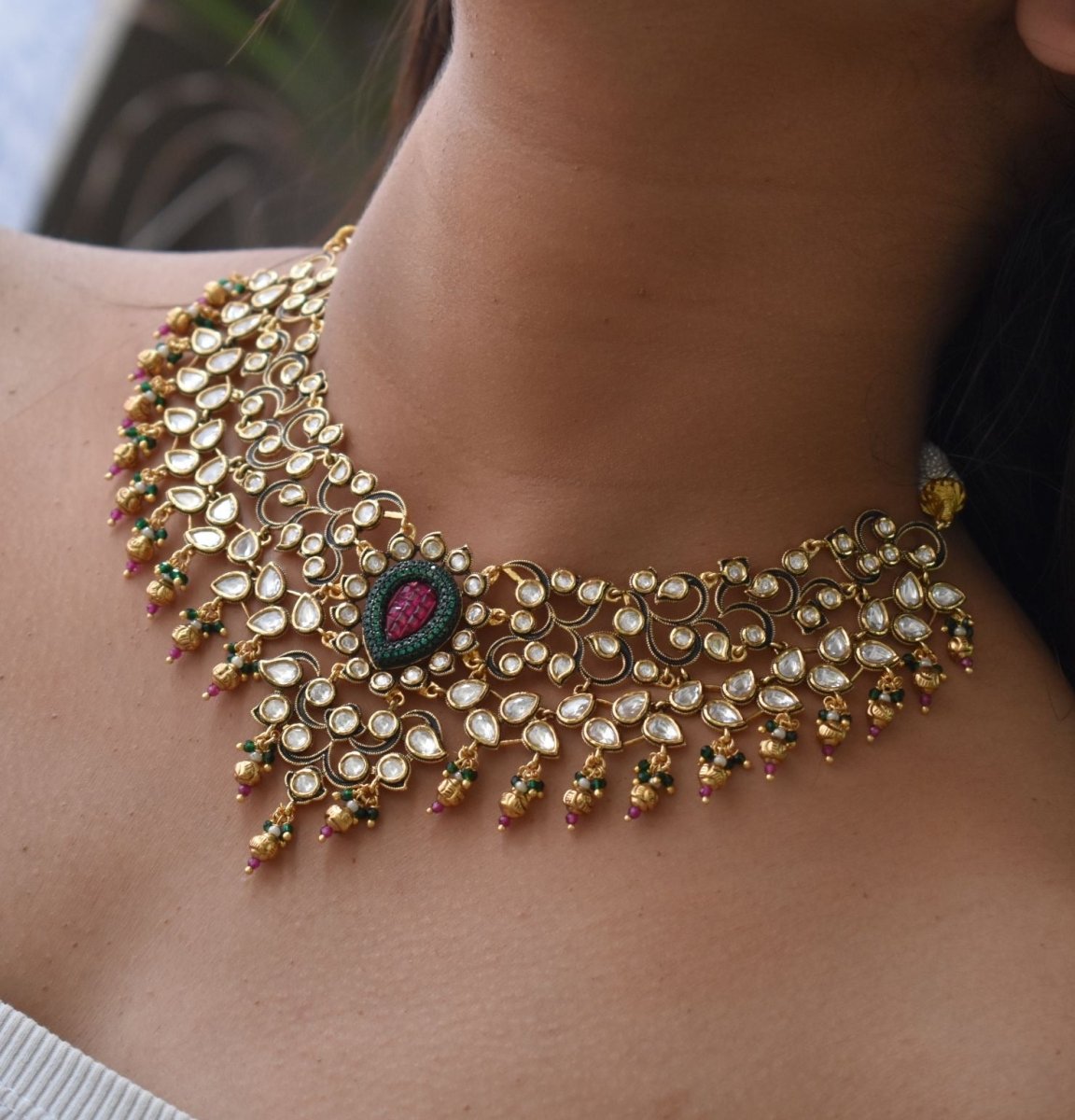 Sabyasachi inspired polki and ruby Jewellery set with matching earrings - MR Jewels