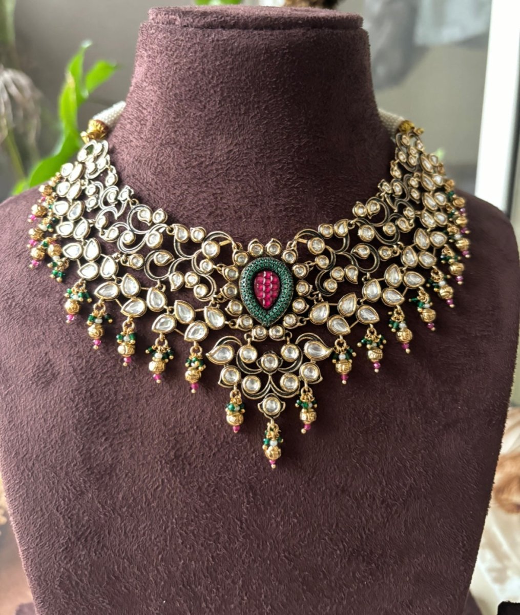 Sabyasachi inspired polki and ruby Jewellery set with matching earrings - MR Jewels