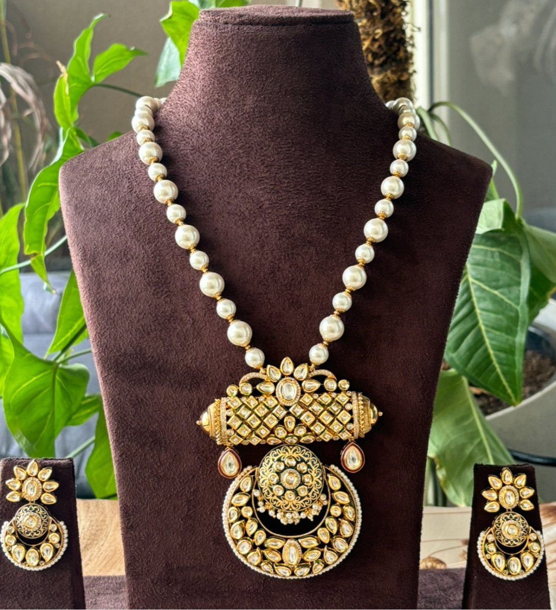 Traditional Gold plated Kundan Polki long Necklace set - MR Jewels