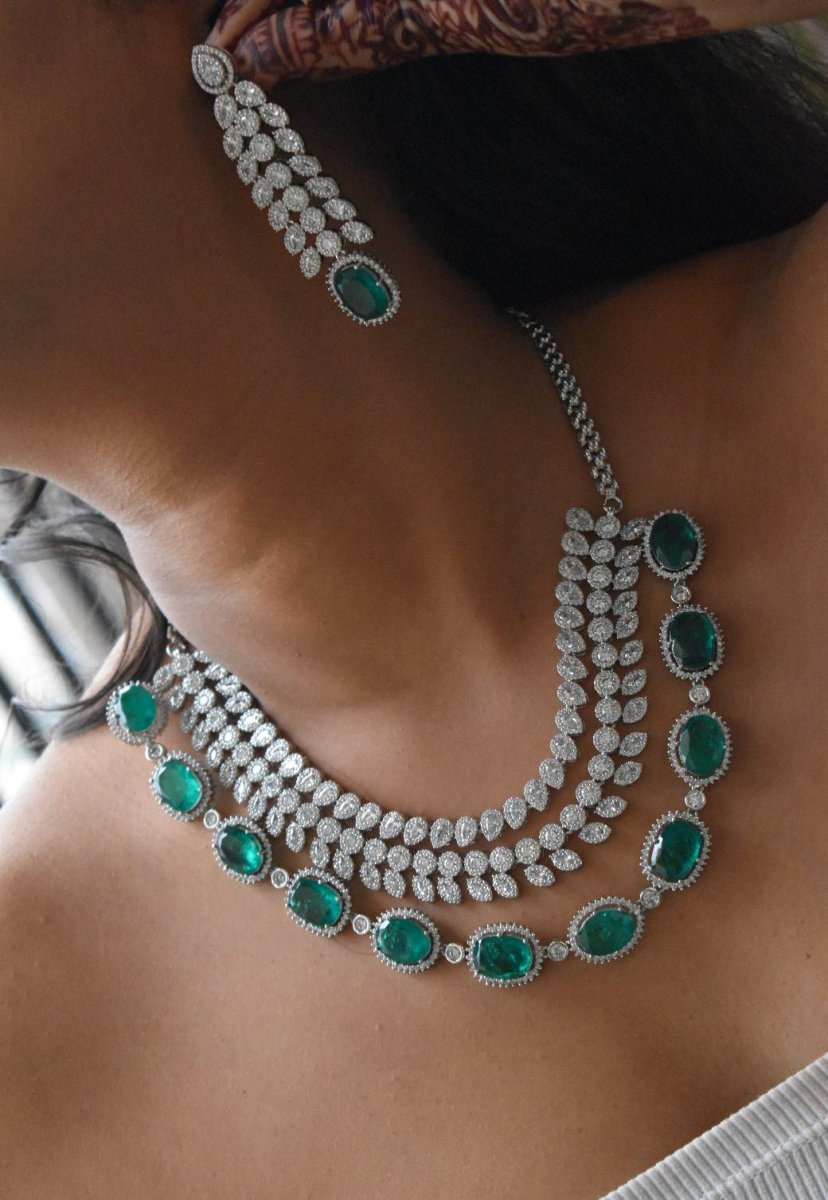 Triple Layer Emerald Diamond Necklace Set - MR Jewels