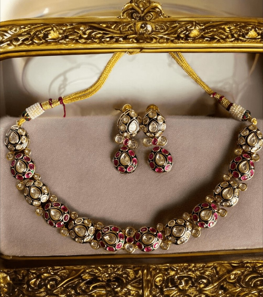 Two - Tone Finish Kundan Polki Meenakari Necklace Set - MR Jewels