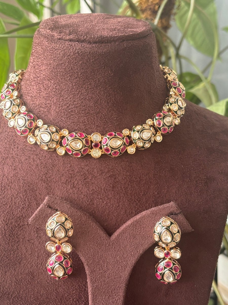 Two - Tone Finish Kundan Polki Meenakari Necklace Set - MR Jewels