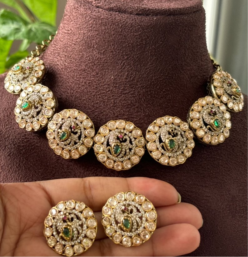 Uncut Polki Moissanite Peacock Necklace Set - MR Jewels