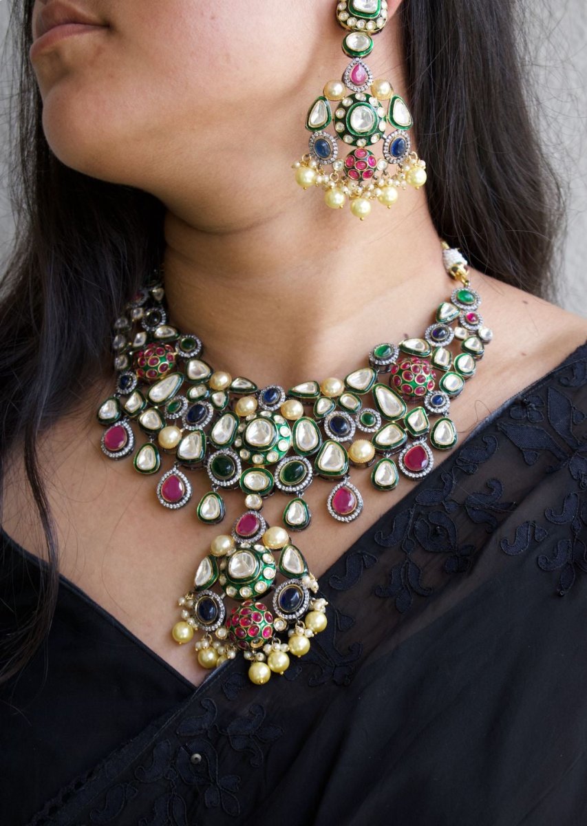 Victorian Multicoloured Gem Necklace set with matching earrings - MR Jewels