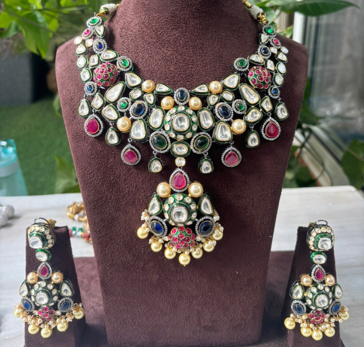 Victorian Multicoloured Gem Necklace set with matching earrings - MR Jewels