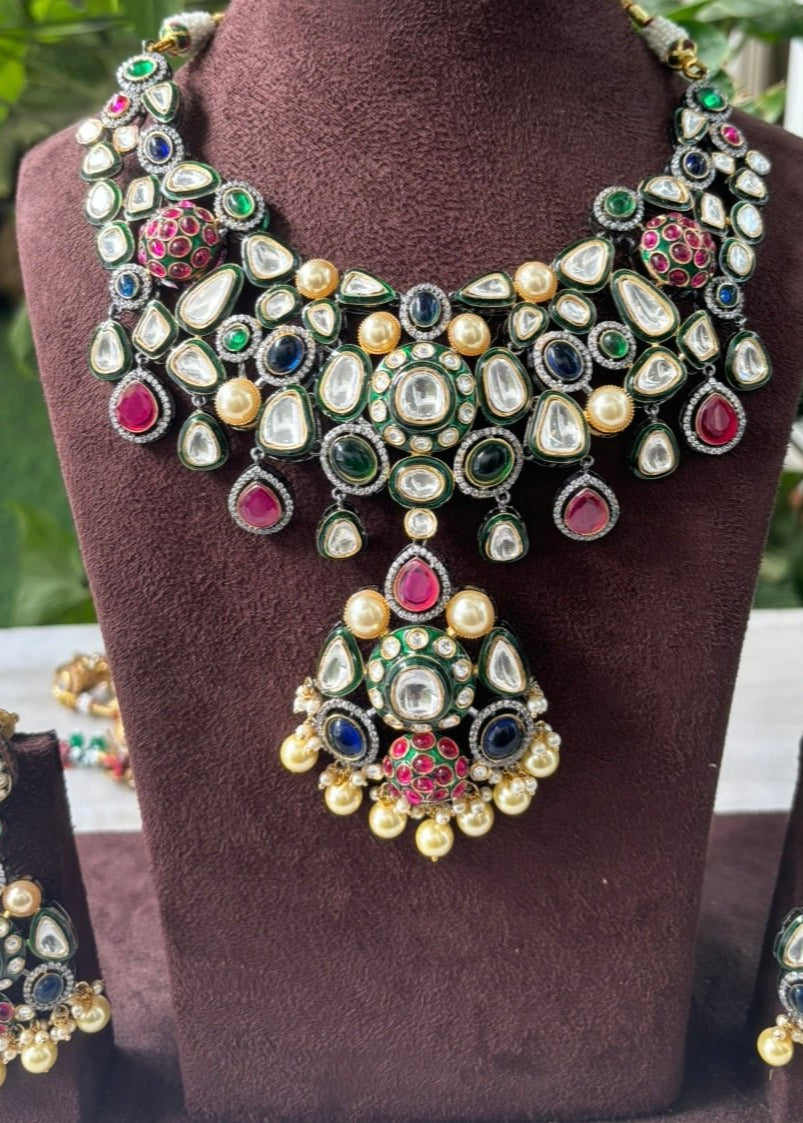 Victorian Multicoloured Gem Necklace set with matching earrings - MR Jewels