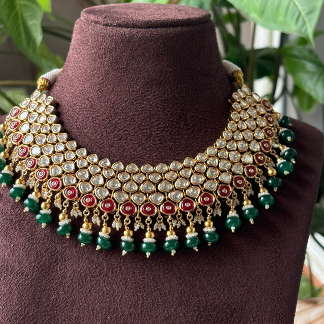 Vilandi Kundan Polki Necklace with lovely earrings - Next to real gold look - MR Jewels