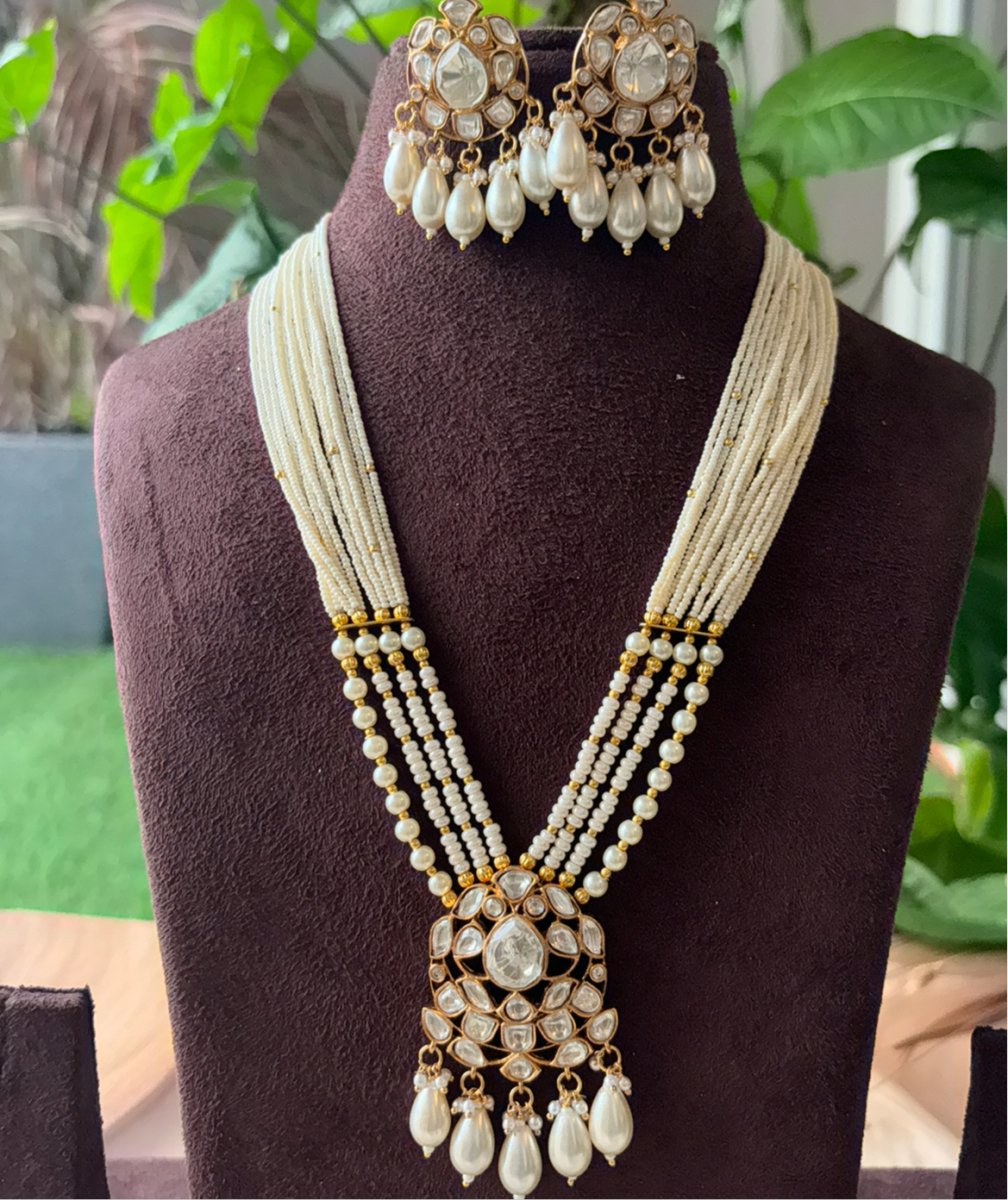 White Beads Kundan Pearl Necklace Set - MR Jewels