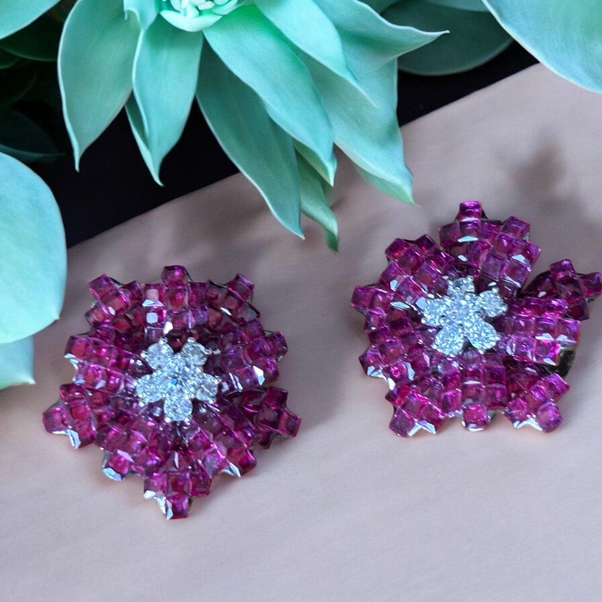White Finish Dark Pink Zircon Floral Stud Earrings - MR Jewels
