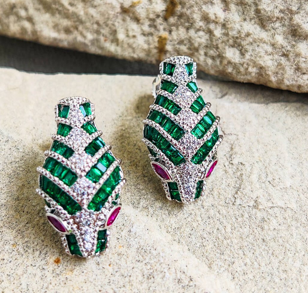 White - Green Zirconia Snake Shaped Studs - MR Jewels